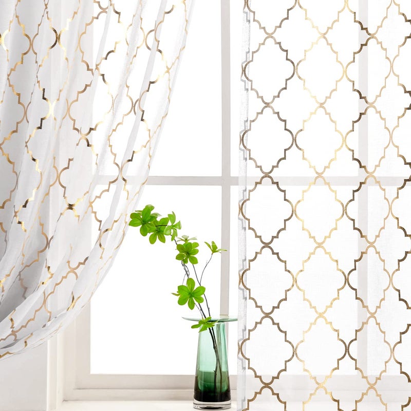 Kotile White and Gold Sheer Curtains 63 Inch Length 2 Panels Set Gold Metallic Pattern Glitter Sheer Curtains for Bedroom, Rod Pocket Light Filtering Shimmer Ogee Sheer Curtains, W52 x L63 Inch - Image 5